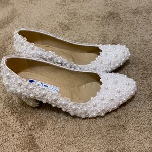 One of a kind stunning pearls white heels